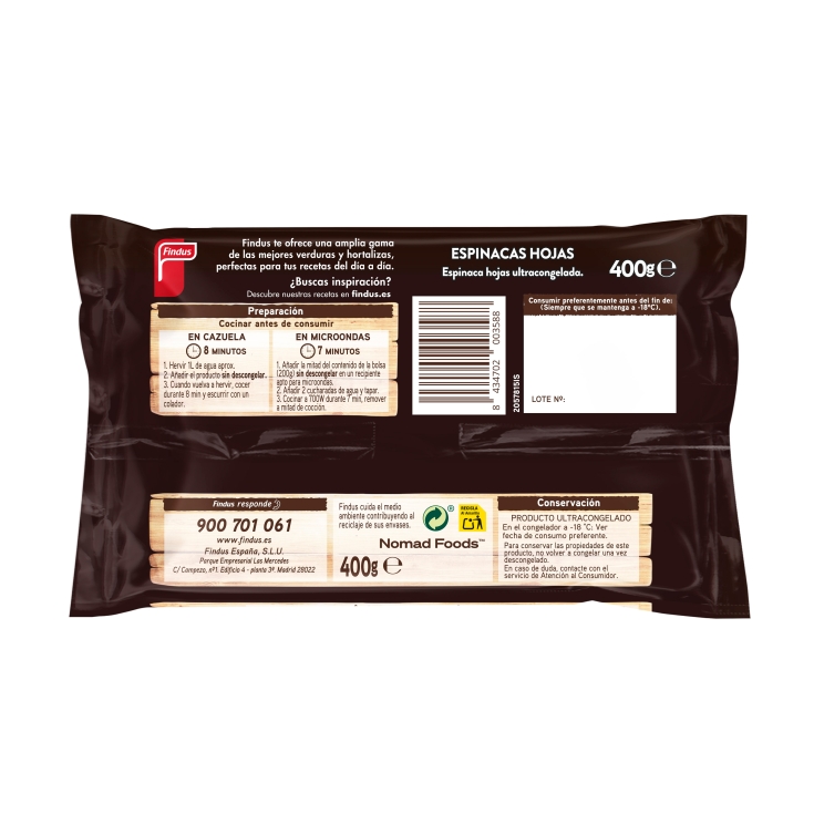 espinacas hojas, 400g