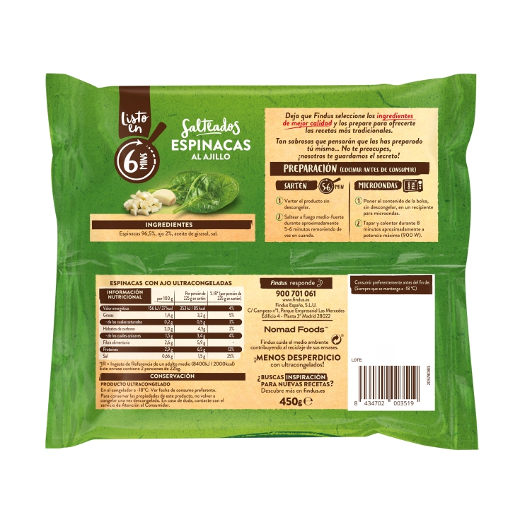 espinacas al ajillo, 450g