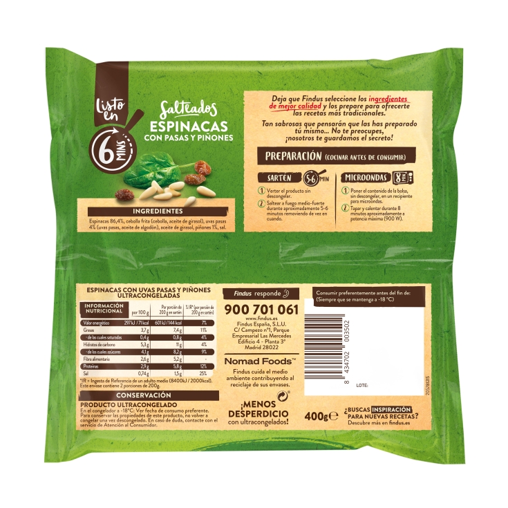 espinacas con pasas y piñones, 400g