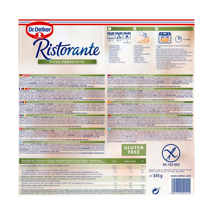 pizza prosciutto sin gluten, 345g