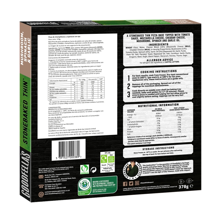 pizza champiñones/espinacas/ajos, 378g
