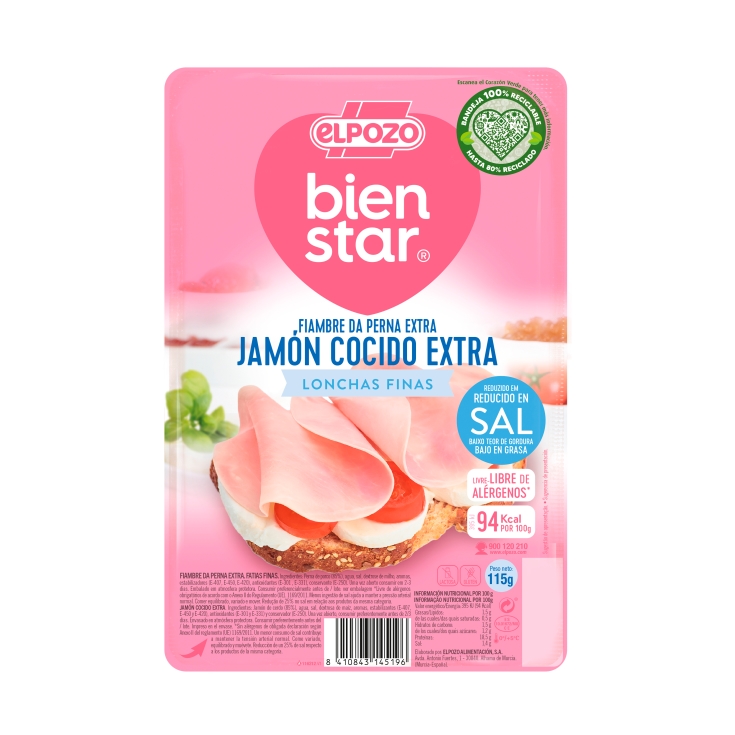 jamón cocido b/grasa, reducido en sal, 115g