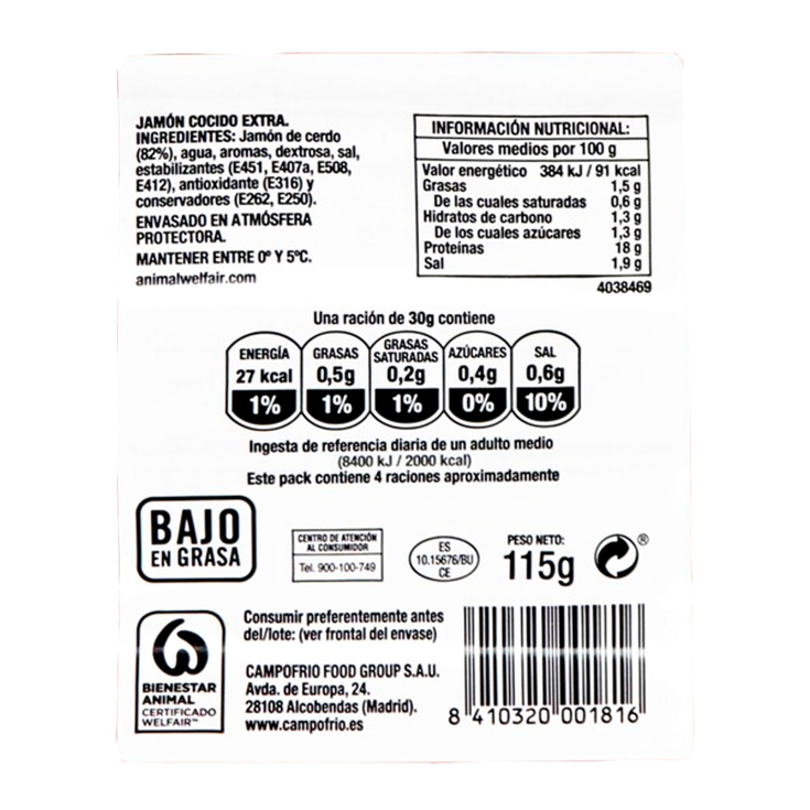 jamón cocido extra braseado, 115g
