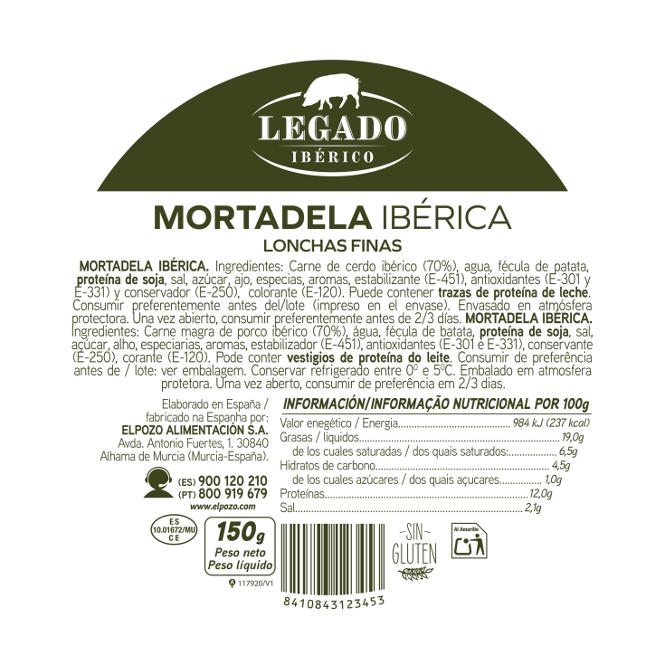mortadela ibérica lonchas, 150g