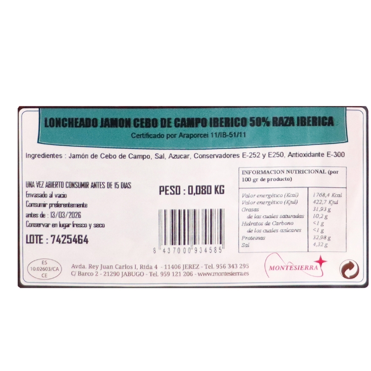 jamón cebo campo ibérico 50%raza ibérica, 80g