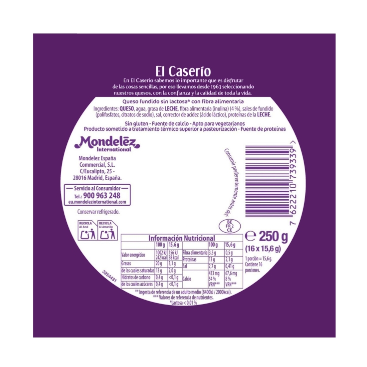 queso sin lactosa 7 lonchas, 185g