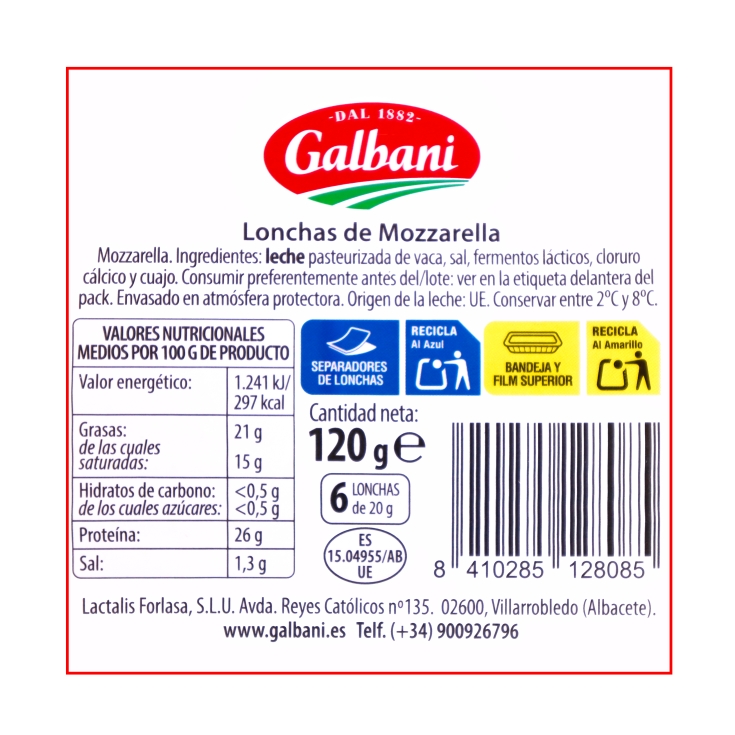 queso mozzarella lonchas, 100g