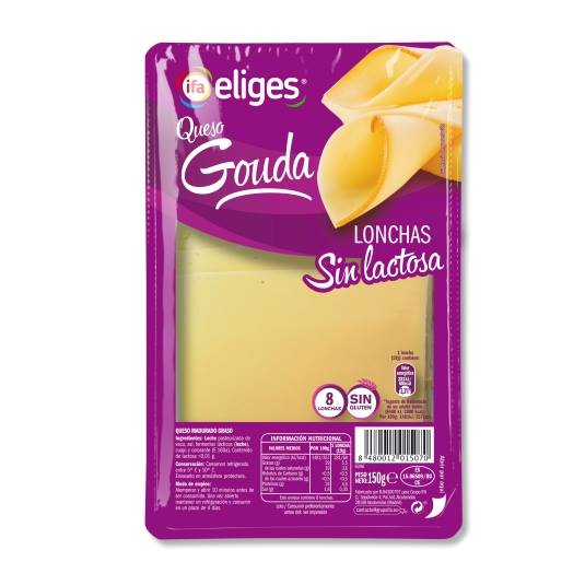 queso gouda loncha sin lactosa, 150g