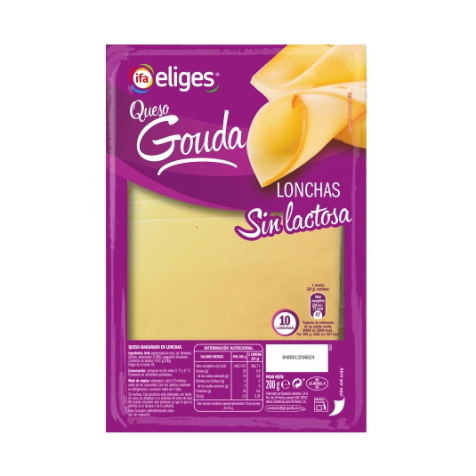 queso gouda loncha sin lactosa, 200g