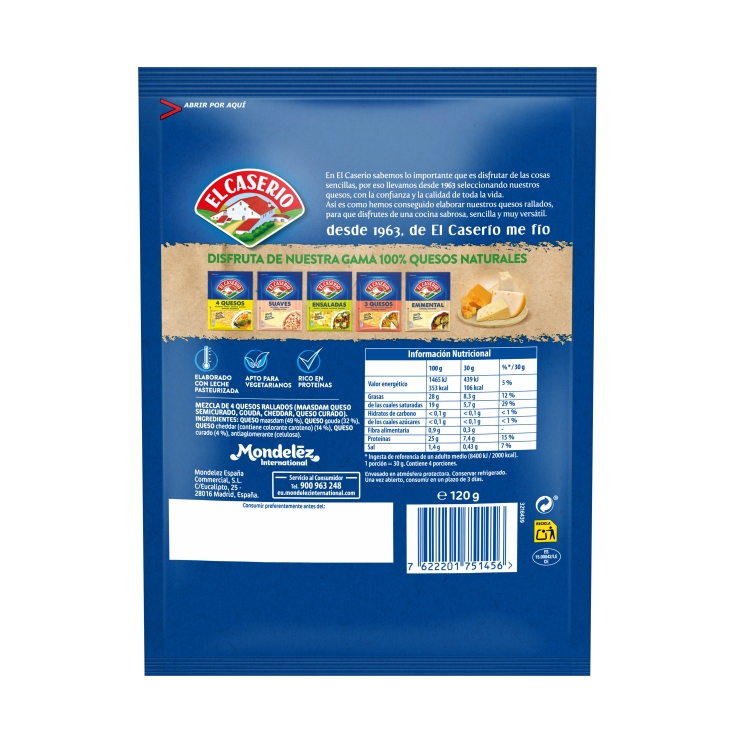 queso rallado 4 quesos, 120g
