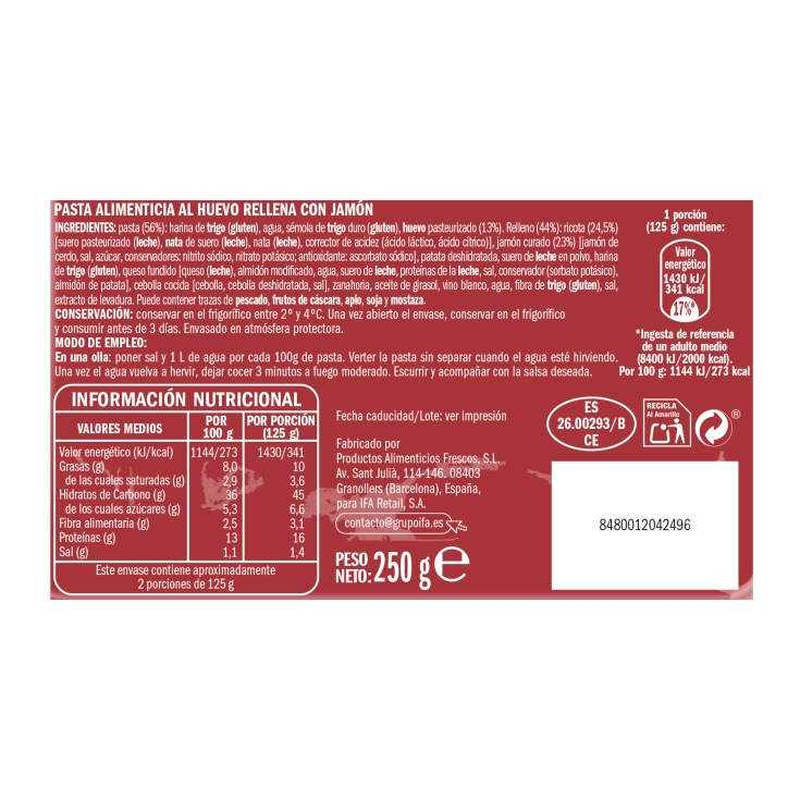 ravioli de jamón, 250g