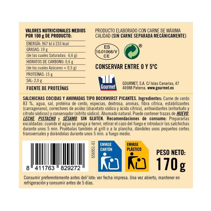 salchichas bockwurst picante, 170g