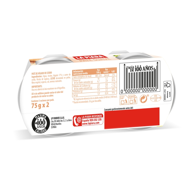 paté suave hígado cerdo lata 75g, pk-2