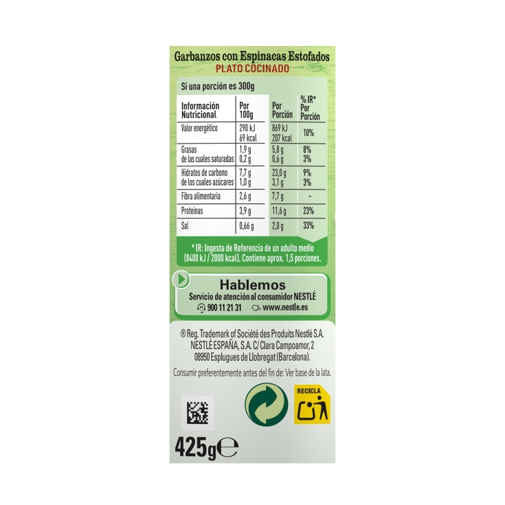 garbanzos con espinacas, 425g