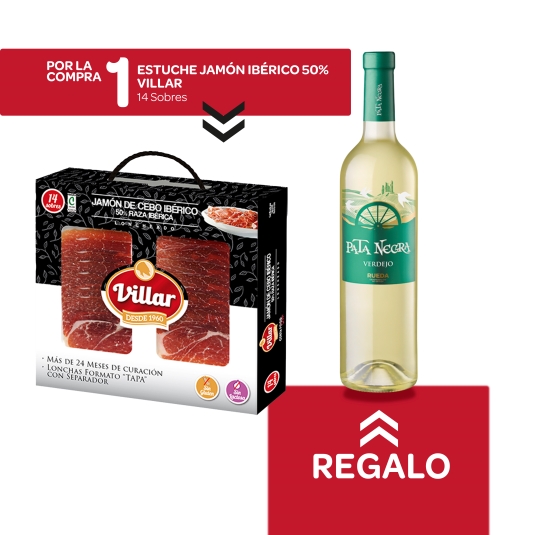 estuche jamón 50%, 14 sobres + verdejo gratis