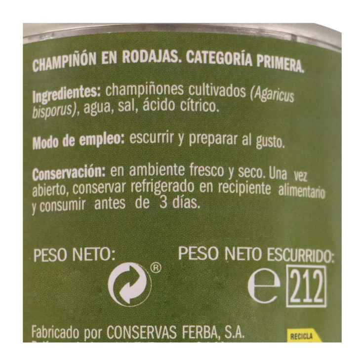 champiñón laminado, 355g