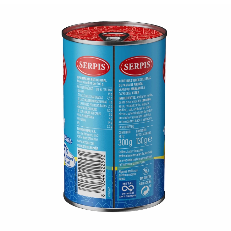 aceitunas +ligeras rellena anchoas, 130g