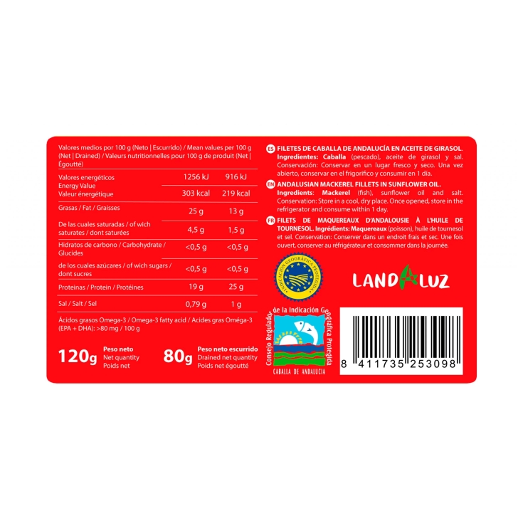 filetes de caballa en aceite de girasol, 80g