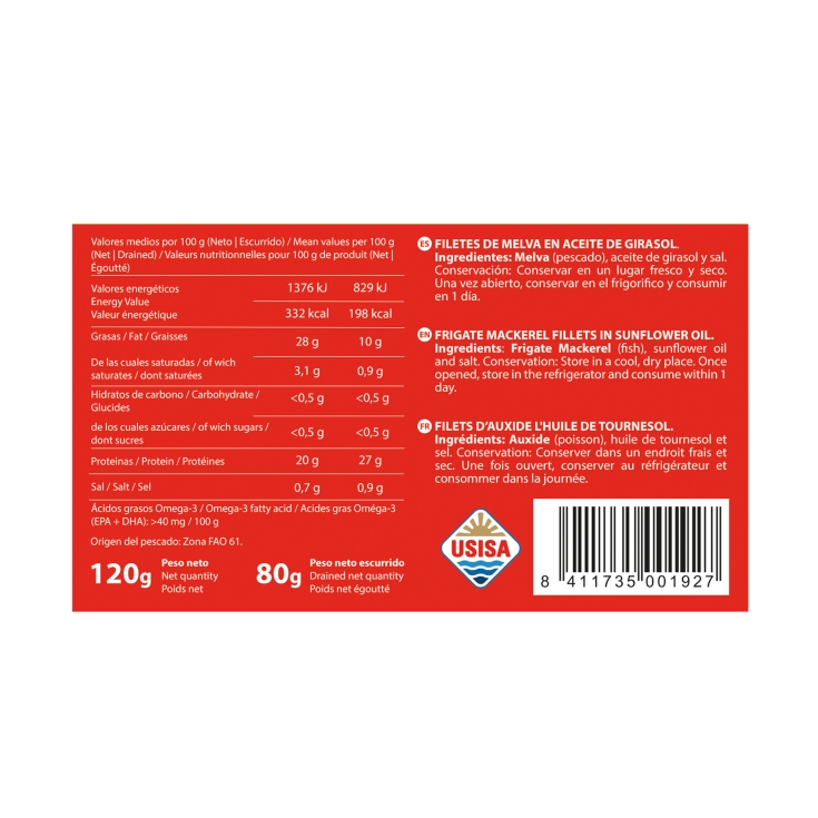 filetes de melva en aceite de girasol, 80g