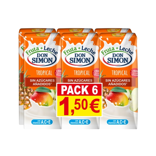 fruta + leche tropical sin azúcar 200ml, pk-6
