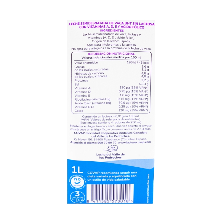 leche semidesnatada sin lactosa, 1l