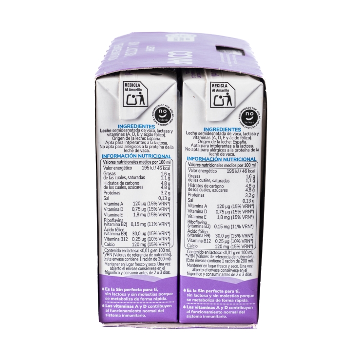 leche semidesnatada sin lactosa 200ml, pk-6