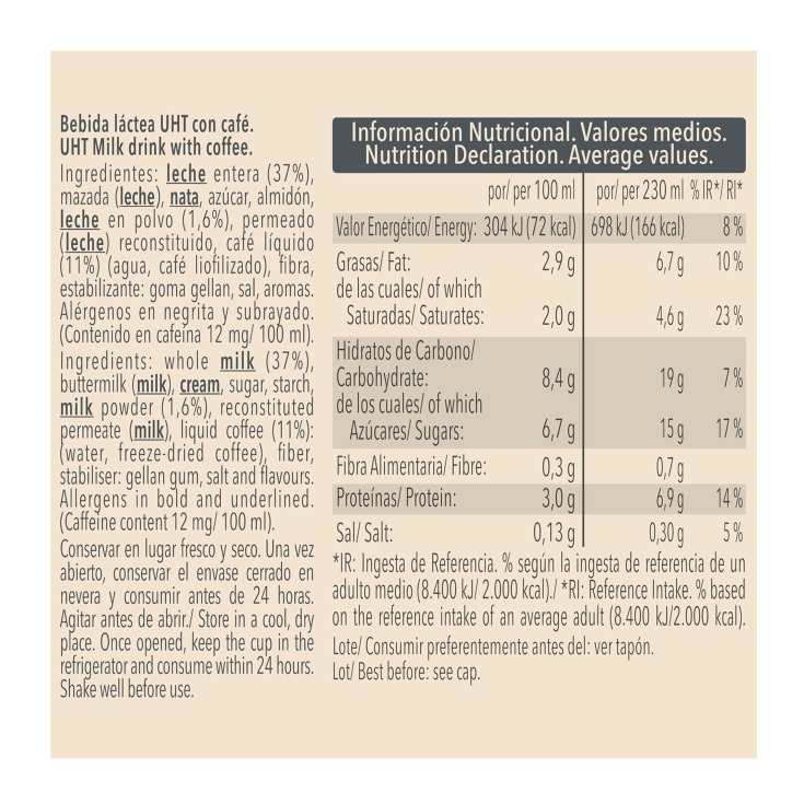 bebida láctea lateado café arábica, 230ml