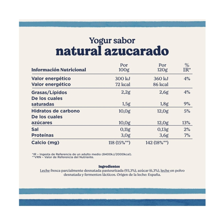 yogur natural azucarado 120g, pk-8