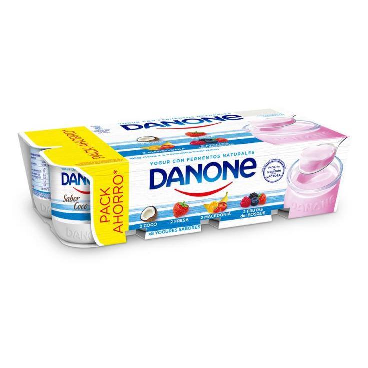 DANONe yogur sabores macedonia fresa coco frutas del bosque 120 g contiene  8 unidades