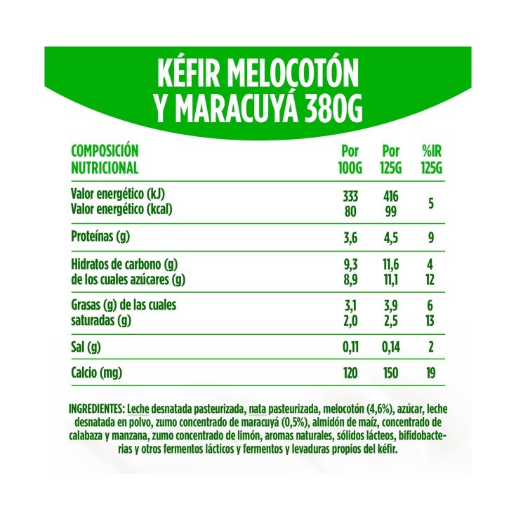 yogur kéfir melocotón/maracuyá, 380g