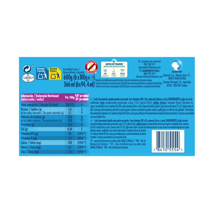 yogur líquido natural 100g, pk-6