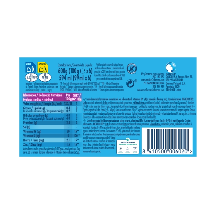 yogur líquido desnatado natural 0%, pk-6