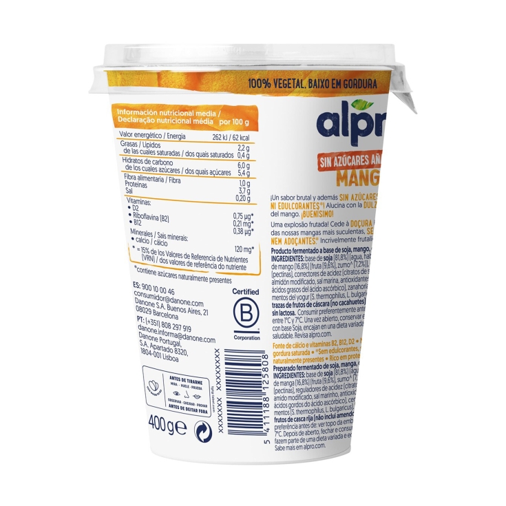postre soja mango sin azúcar, 400g
