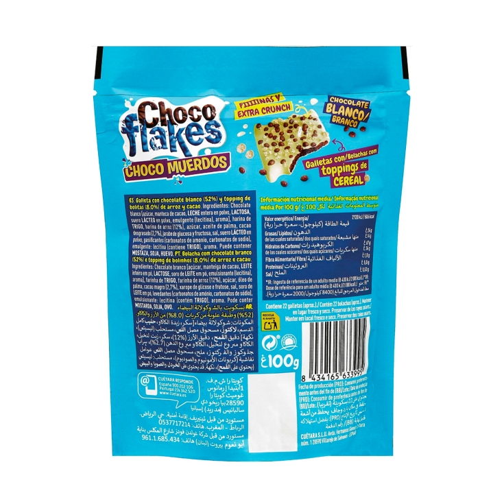 galletas choco muerdos ch.blanco flakes, 87g