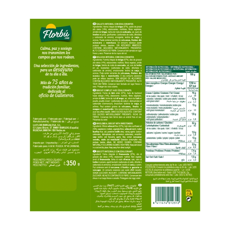 galletas desayuno integral 0%azúcares, 290g