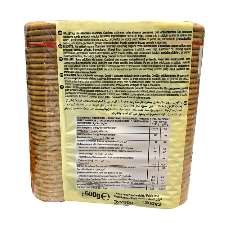 galleta dorada 0% azúcar 200g, pk-3