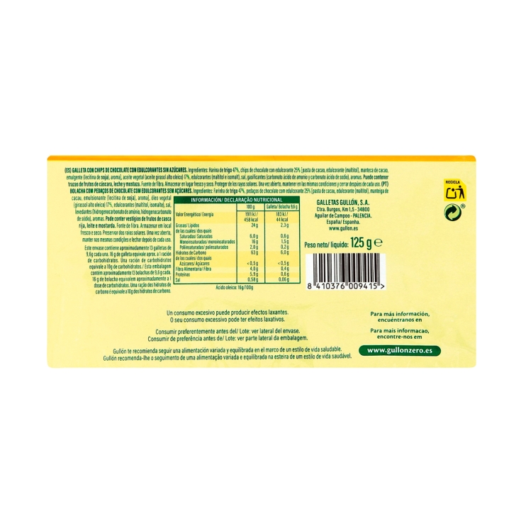 galletas chip choco sin azúcares zero, 125g