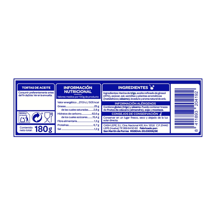 tortas de aceite 6ud, 180g