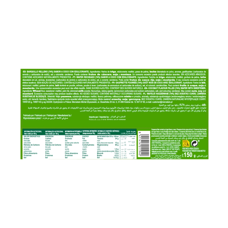 barquillos sin azúcar coco, 160g