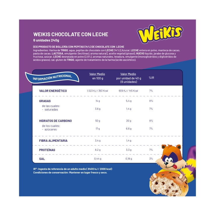 weikis chocolate leche 6ud, 240g