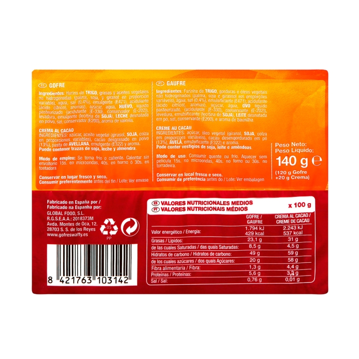 gofres c/cacao waffy, ud