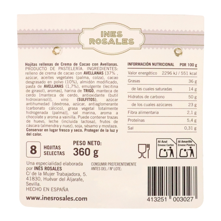 hojitas rellena crema cacao, 360g