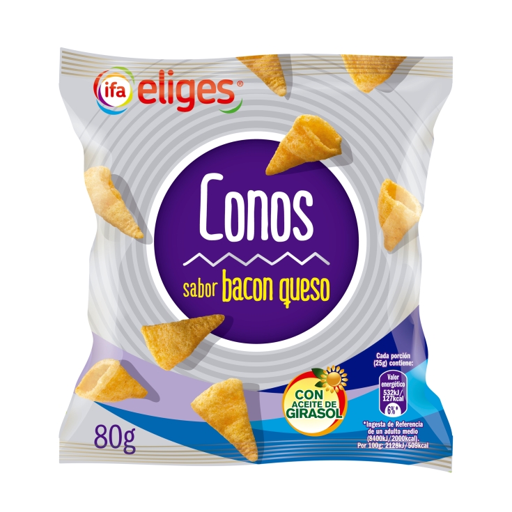 snacks conos maíz sabor bacon queso, 80g