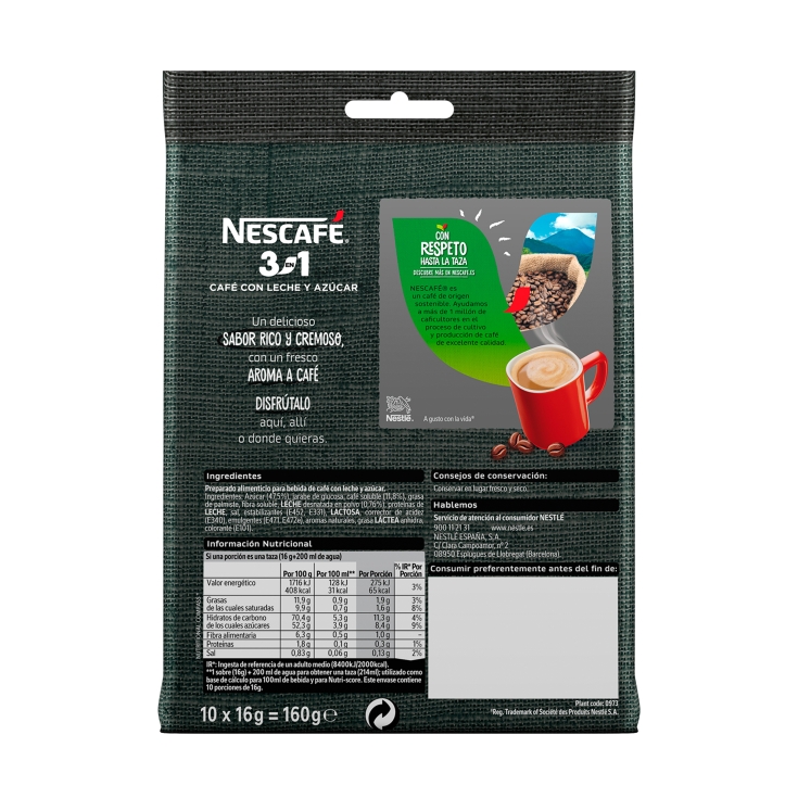 café soluble leche y azúcar 3 en 1, 10ud