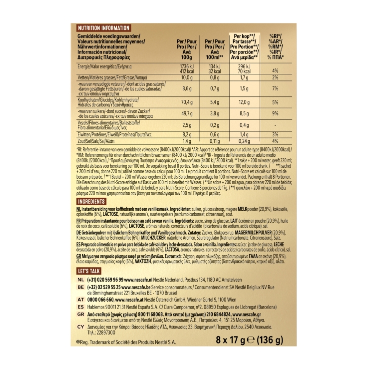 café soluble cappuccino vainilla, 8ud