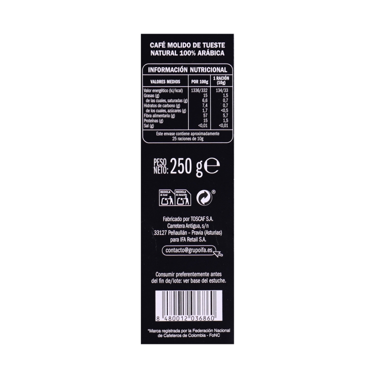 café molido colombia 100% arábica, 250g