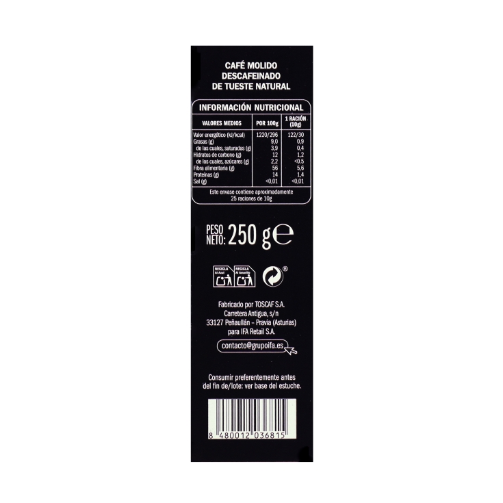 café molido natural descafeinado, 250g