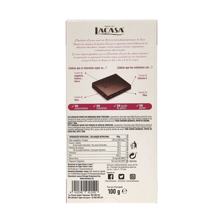 chocolate negro arándanos naturales, 100g