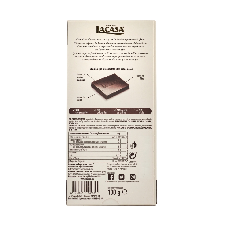 chocolate negro 85%cacao, 100g