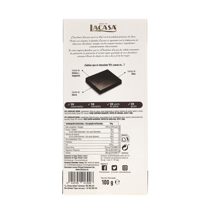 chocolate negro 92%cacao, 100g